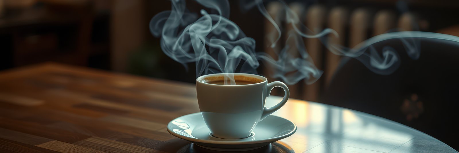 Cozy coffee cup sits on wooden table, steam rising in a warm indoor setting during morning hours